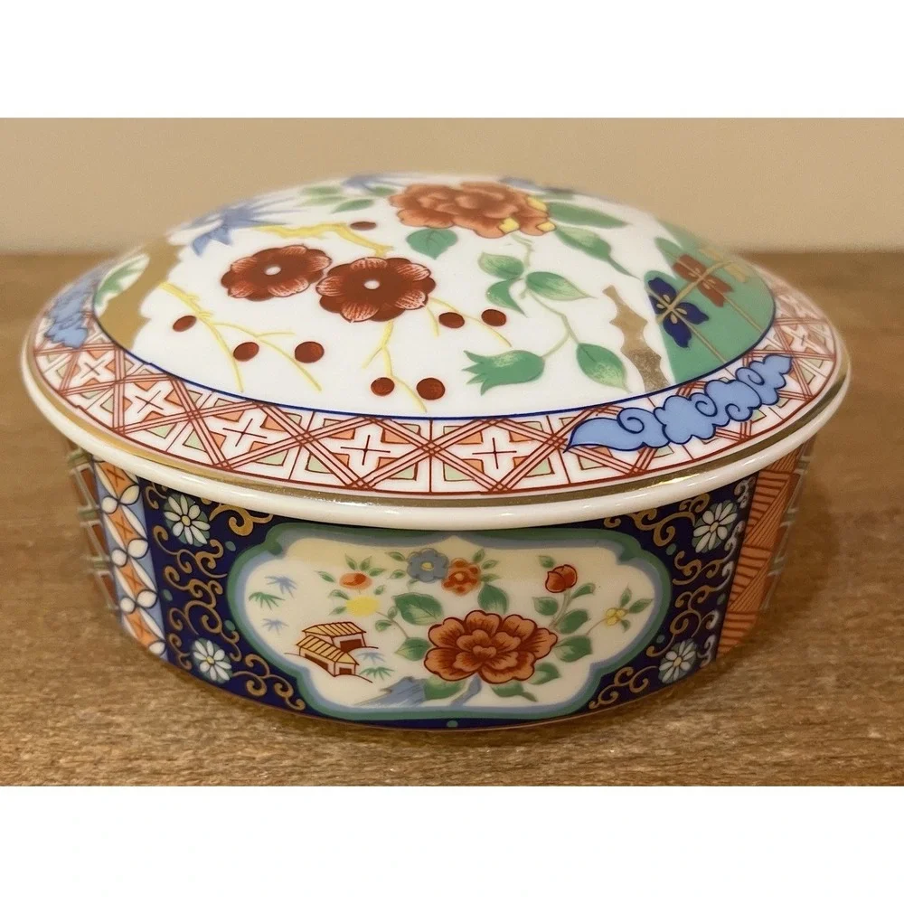 VTG‎ Imari Ware Japan Porcelain Trinket Box Floral Bamboo Lidded Dish Large 6